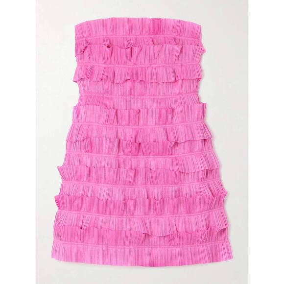 Aje Palladium Ruffled Strapless Ruffled Pleated Gauze Pink Mini Dress Size 12 - Picture 4 of 14